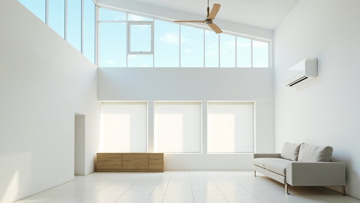 Illustrative concept design: clerestory window row high under the ceiling, roller blinds on the windows below