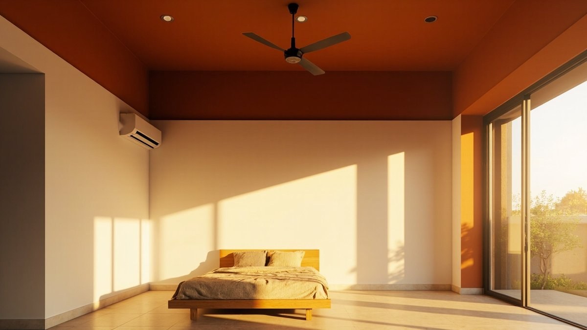 Illustrative concept design: bedroom ceiling and upper wall painted deep terracotta over warm white walls