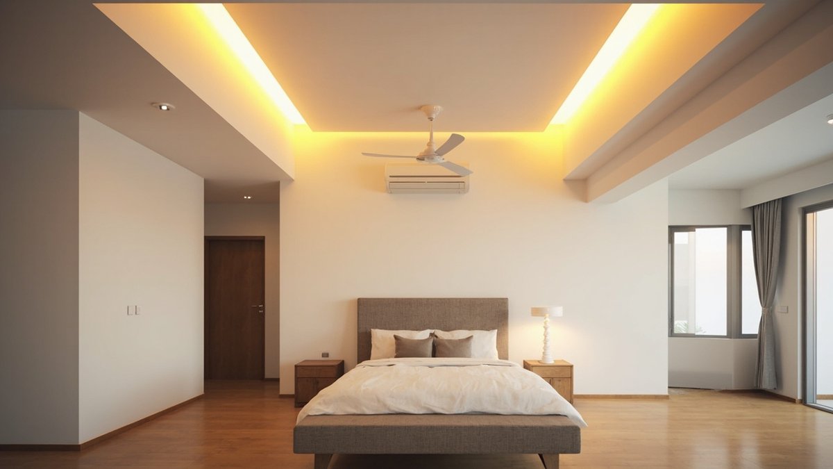 Illustrative concept design: stepped plaster ceiling with a warm cove-lit zone over the bed