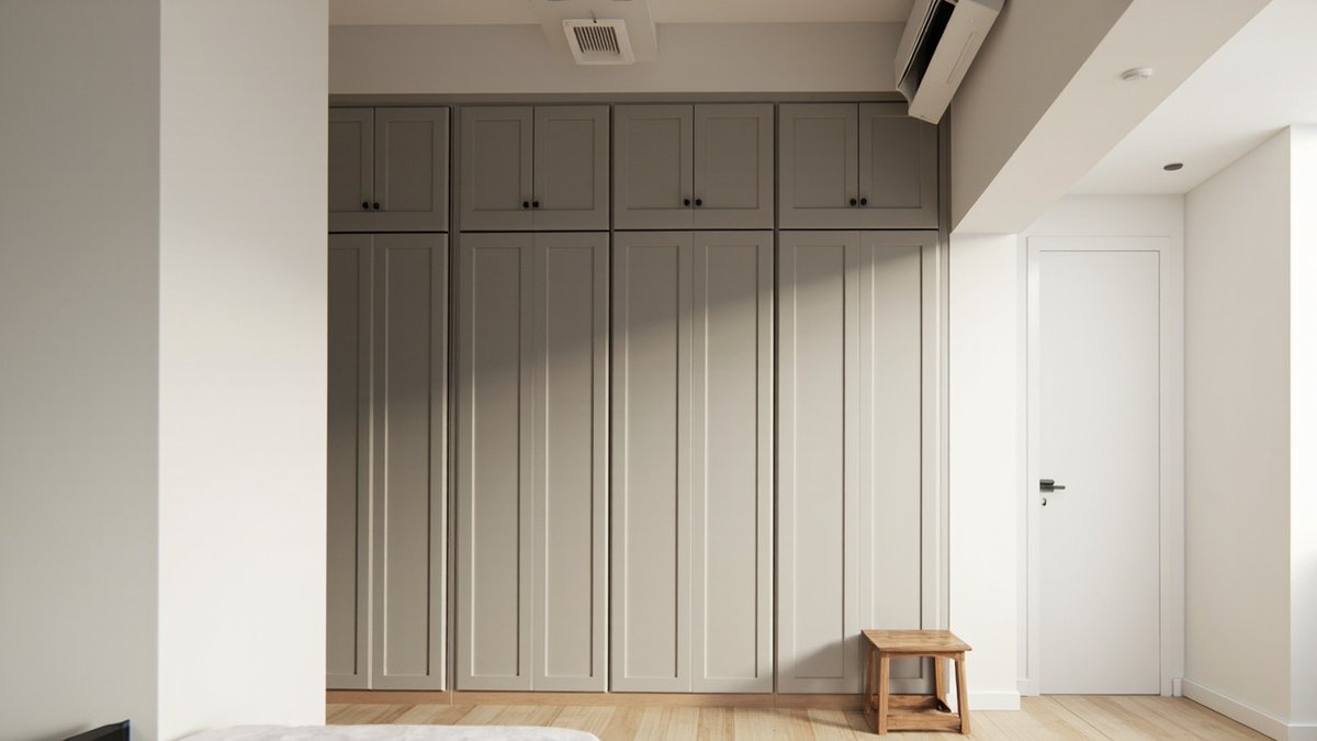 Illustrative concept design: warm grey shaker wardrobe up to the ceiling with top cabinets and a step stool