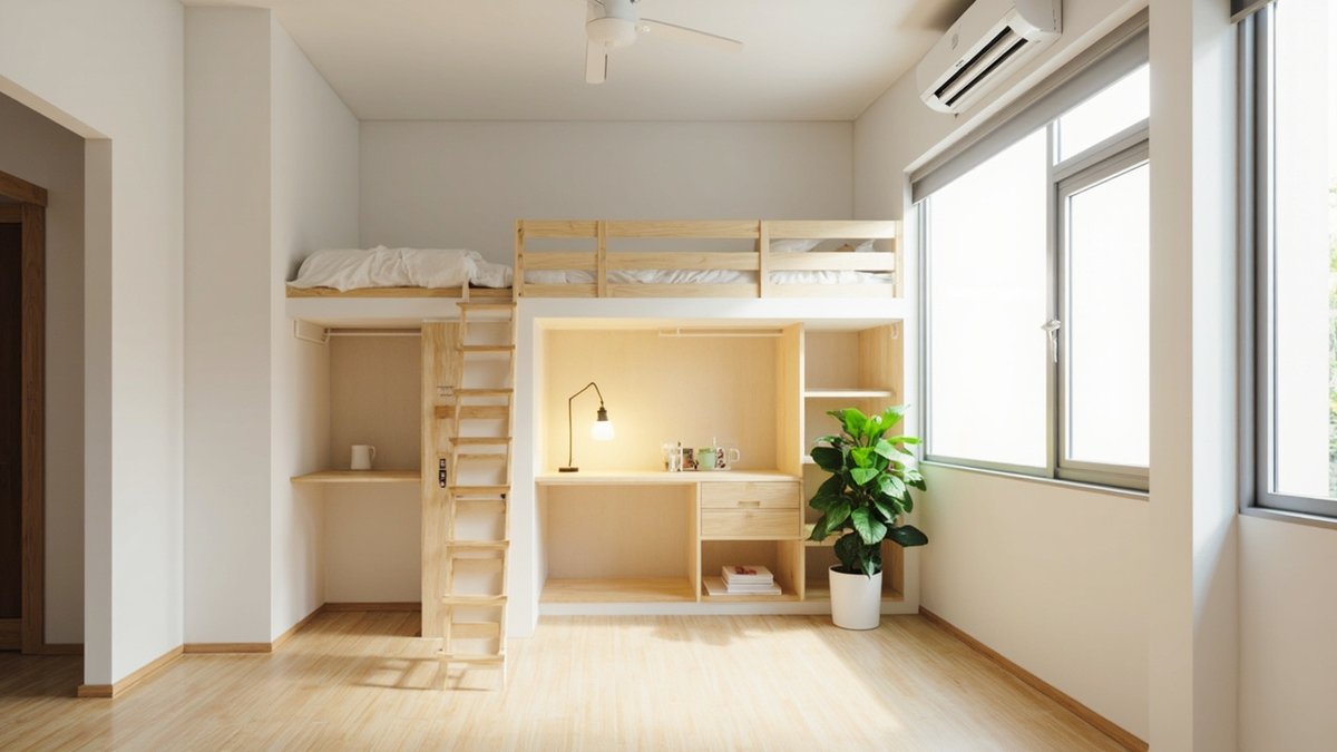 Illustrative concept design: pale timber loft bed with a ladder over a built-in study desk
