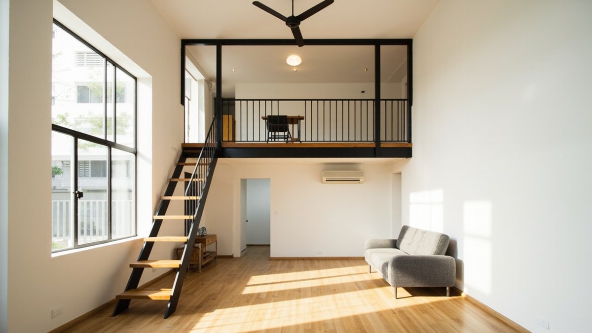 Illustrative concept design: black steel mezzanine study with a desk, an open stair and a sofa below