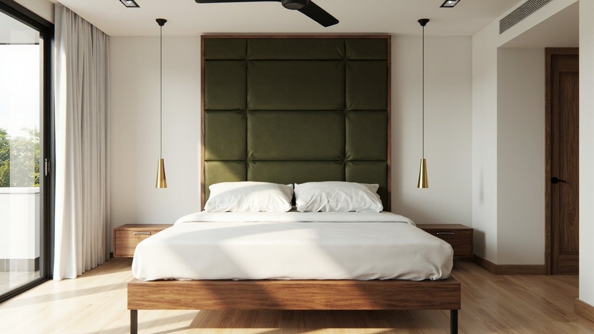 Illustrative concept design: olive tufted headboard panel in a walnut frame rising high above the bed