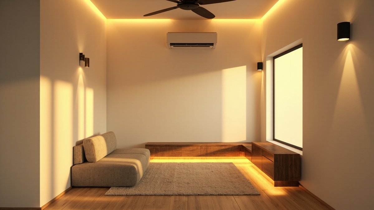 Illustrative concept design: black wall lights washing beams up and down tall walls in an evening living room