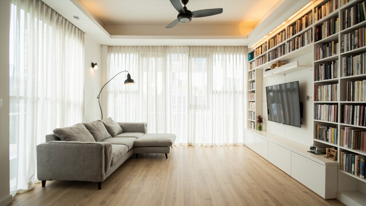 Illustrative concept design: tall white living room with a full wall of bookshelves, sheer full-height curtains, a grey sofa and a fan below a cove-lit ceiling