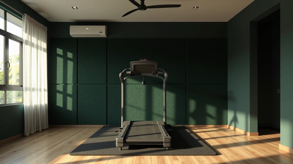 Ilustrasi konsep reka bentuk: treadmill di atas tikar getah menghadap panel akustik hijau gelap