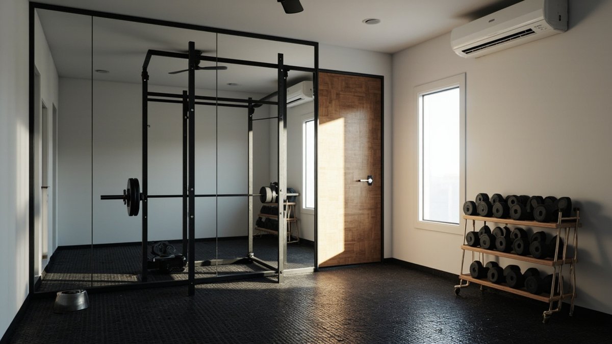 Ilustrasi konsep reka bentuk: gym di rumah dalam bilik kosong dengan lantai getah hitam, dinding cermin penuh, rak power dan rak dumbbell