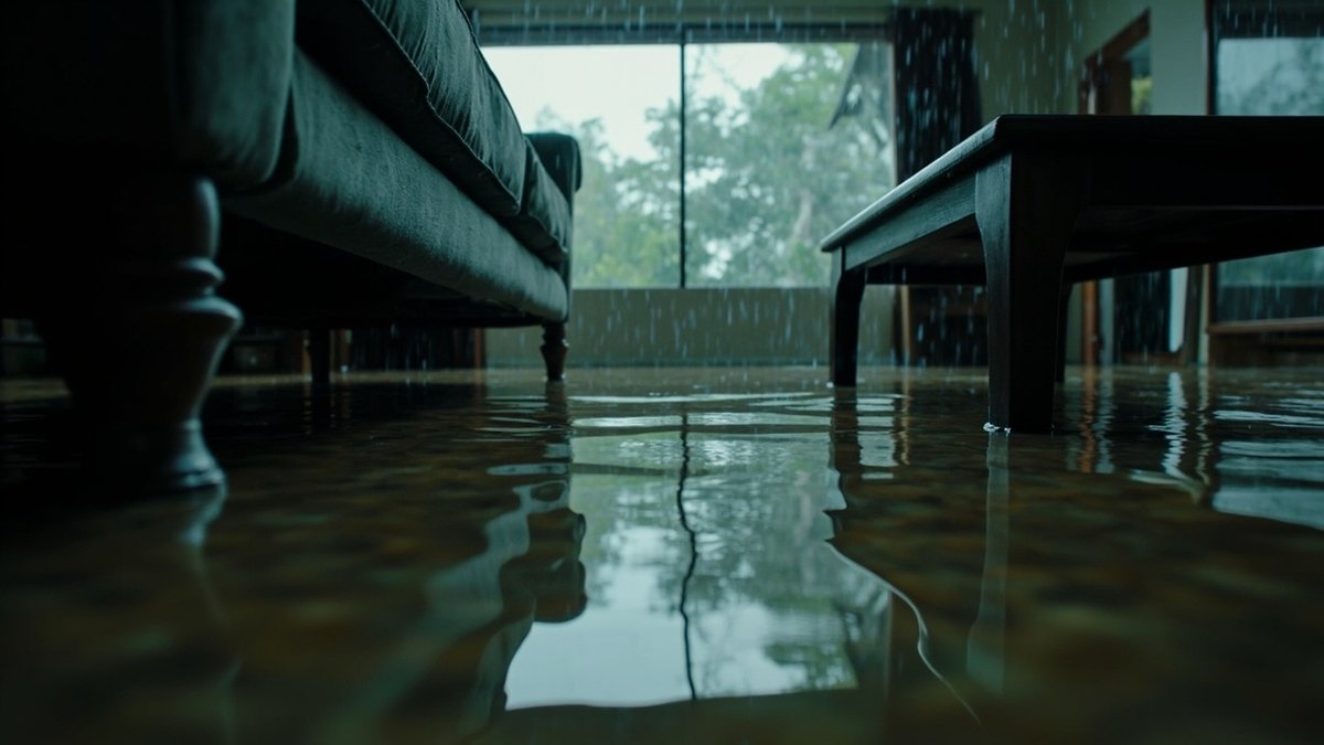 Flooded living room with furniture submerged after a storm