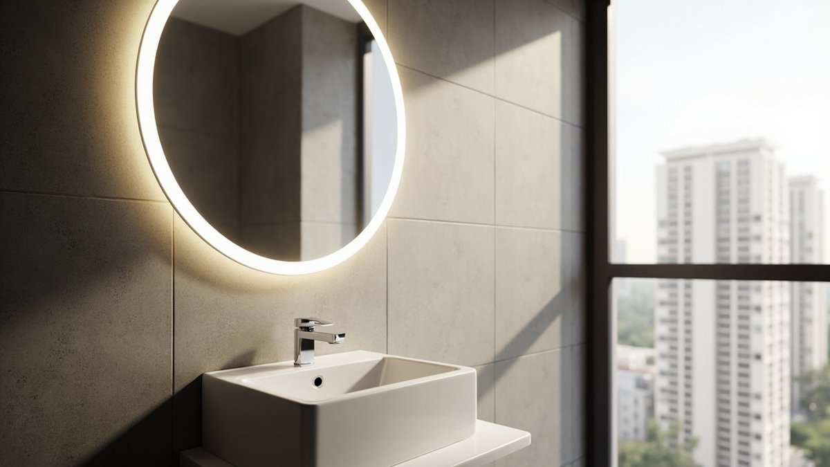 Illustrative concept design: A round mirror with a warm backlit halo on grey stone-look tiles, above a white vessel basin on a slim floating shelf