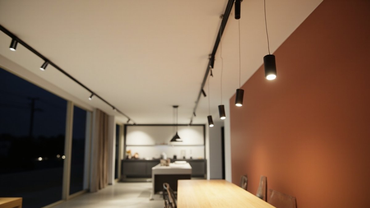 Illustrative concept design: Two slim black tracks on a white ceiling carry small spotlights and drop-down cylinder pendants over a long oak dining table beside a terracotta wall