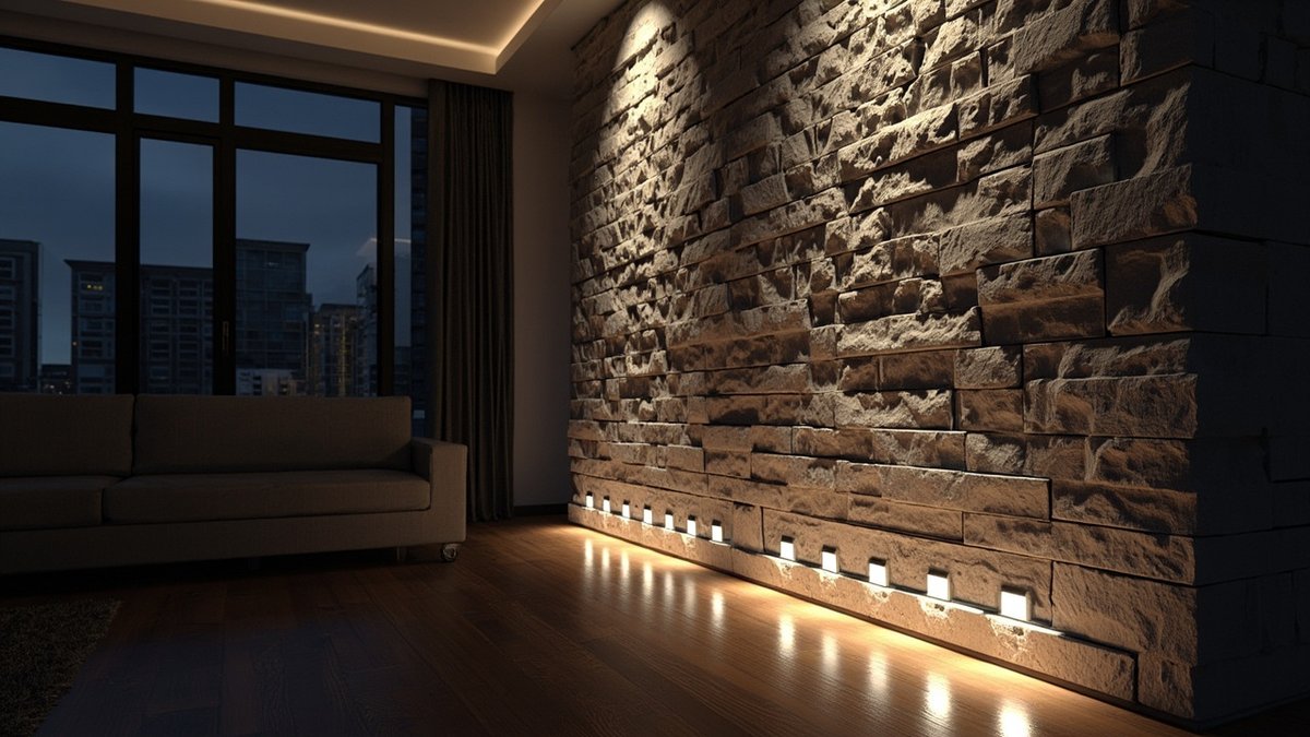 Illustrative concept design: Small square lights set into the bottom course of a rough split-face stone wall throw warm light up the stone at night