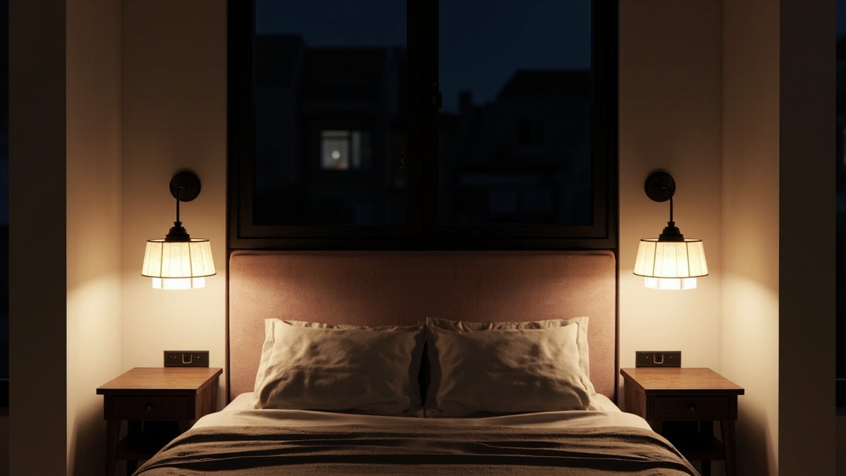 Illustrative concept design: Two black wall sconces with pleated fabric shades either side of a dusty pink upholstered headboard at night