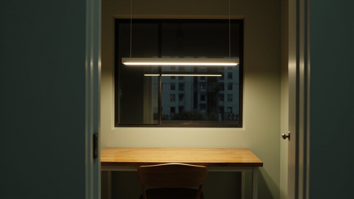 Illustrative concept design: Seen from the doorway, a slim white linear pendant on two cables lights a timber desk under a window