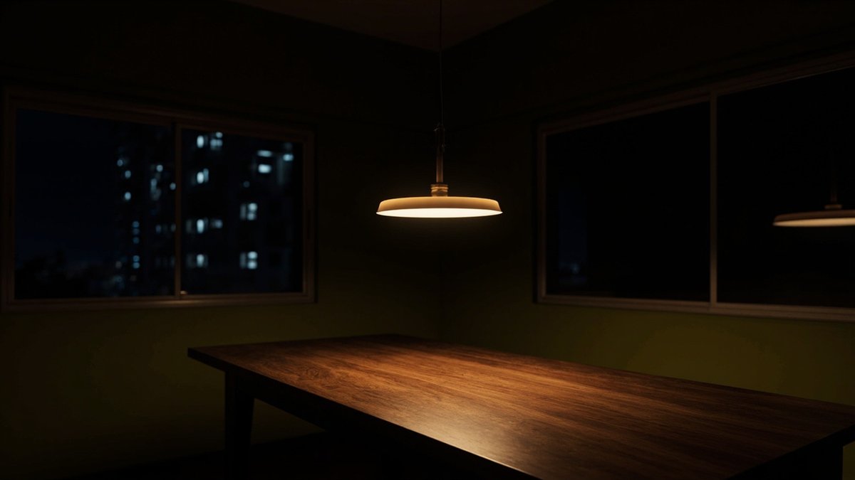 Illustrative concept design: A white disc pendant with an opal underside glows warm over a long walnut dining table at night, olive green walls dim around it