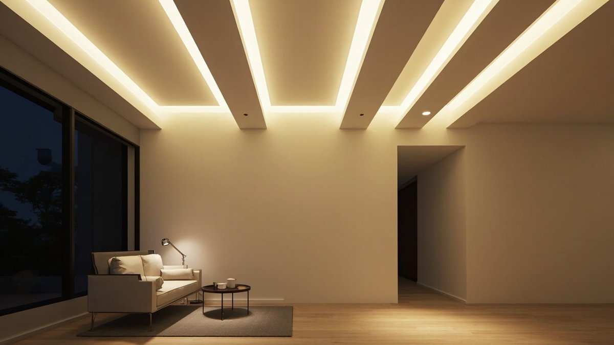 Illustrative concept design: Parallel plaster ceiling bands, each with a hidden warm LED strip glowing along its edges, over a condo living room