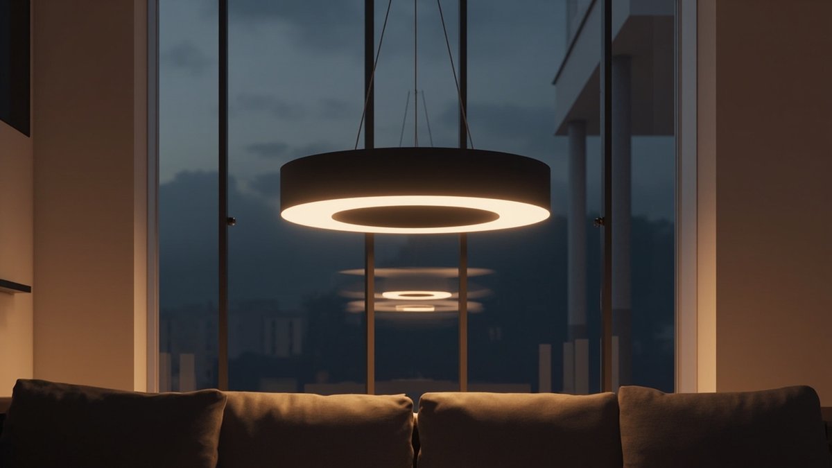 Illustrative concept design: A large black drum-style LED ring pendant on thin cables, glowing warm white underneath, in front of a full-height window at dusk