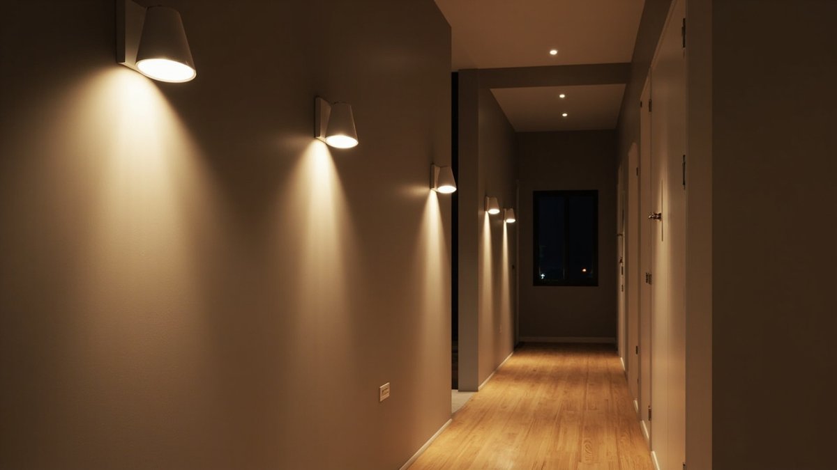 Illustrative concept design: White cone wall lights in a row along an upstairs corridor, each throwing a warm pool of light down the wall, white doors opposite