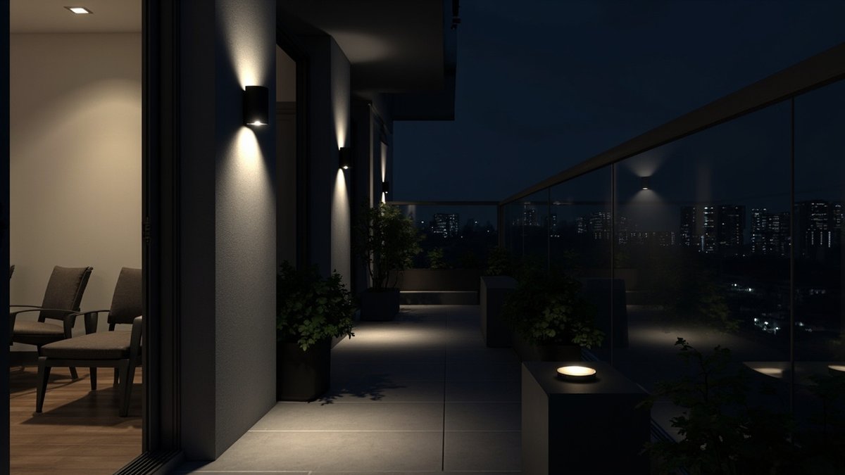 Illustrative concept design: Dark up-and-down outdoor wall lights on the grey wall of a long condo balcony at night, with a glass railing and planters