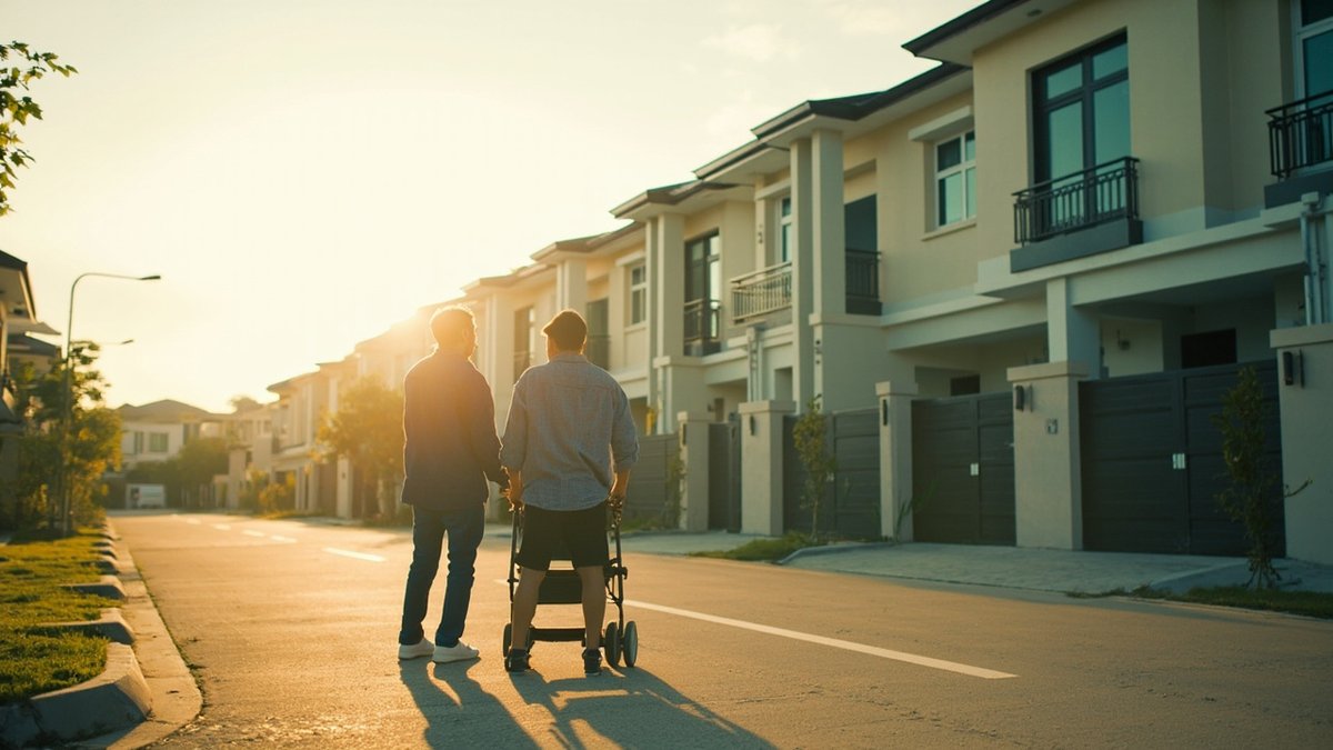 Young couple looking at new double-storey link houses while working out how much they can borrow