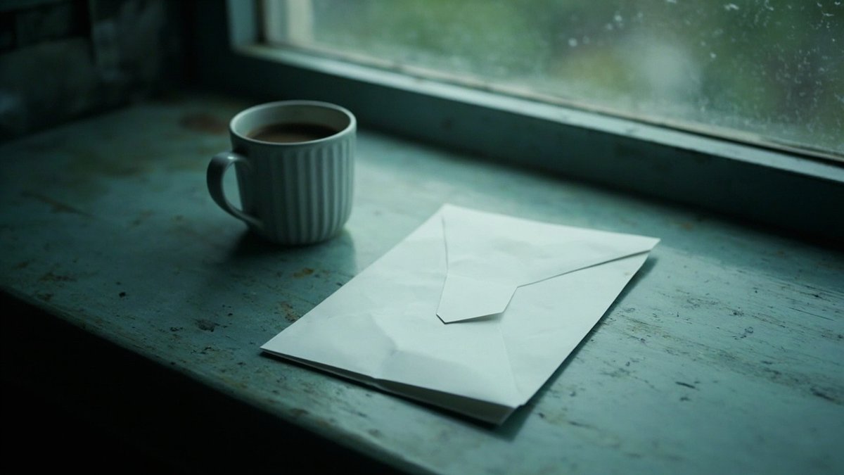 Rejection letter envelope on a kitchen table on a grey morning