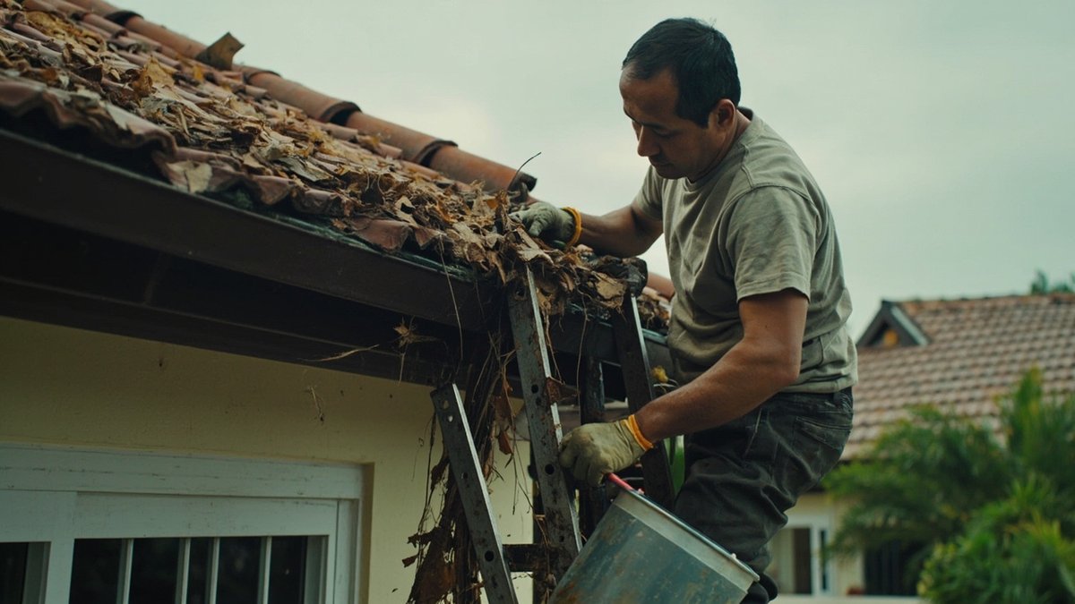Technician clearing a roof gutter before the monsoon on a Malaysian home
