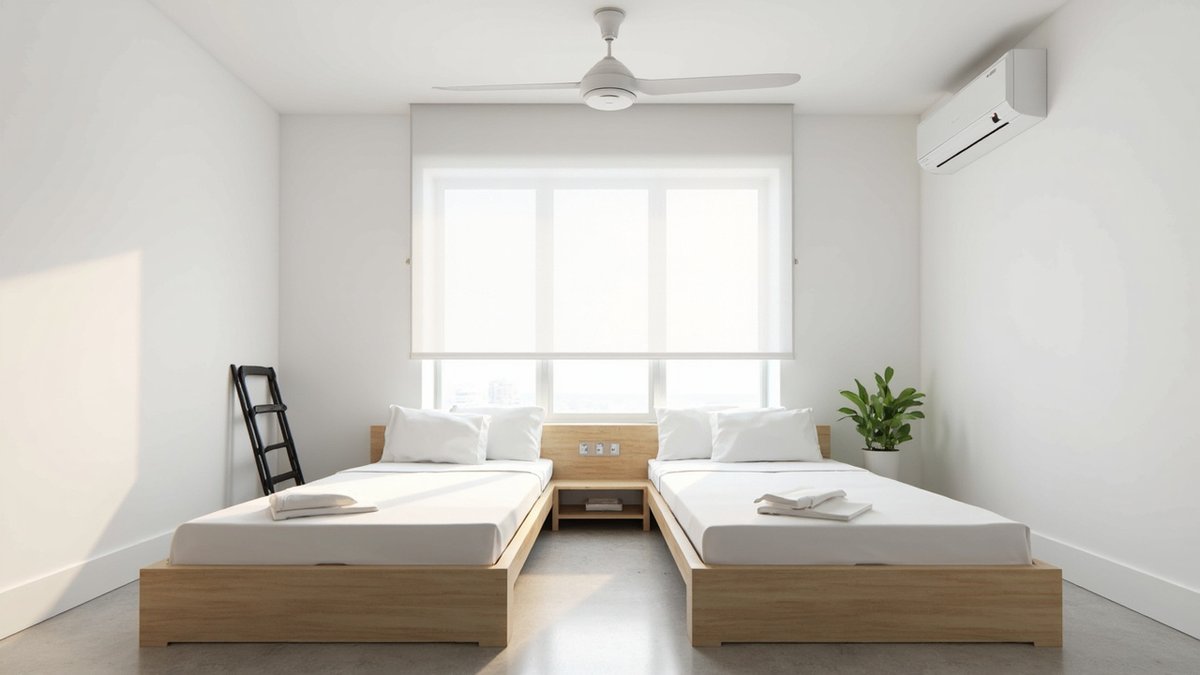 Ilustrasi konsep reka bentuk: bilik kembar putih dengan katil platform oak dan roller blind putih