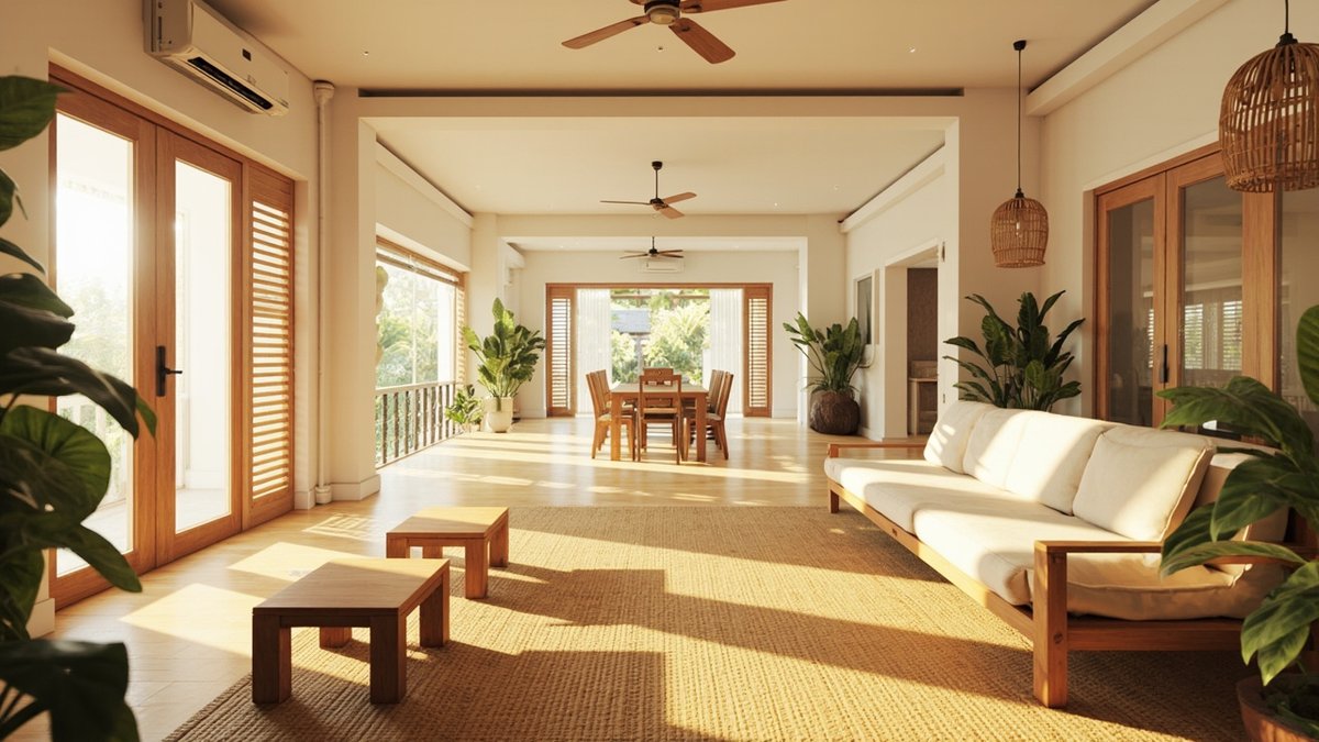 Ilustrasi konsep reka bentuk: ruang keluarga homestay yang terang dengan sofa berangka kayu, meja kayu rendah di atas tikar anyaman, pintu berlouver dan meja makan lapan orang