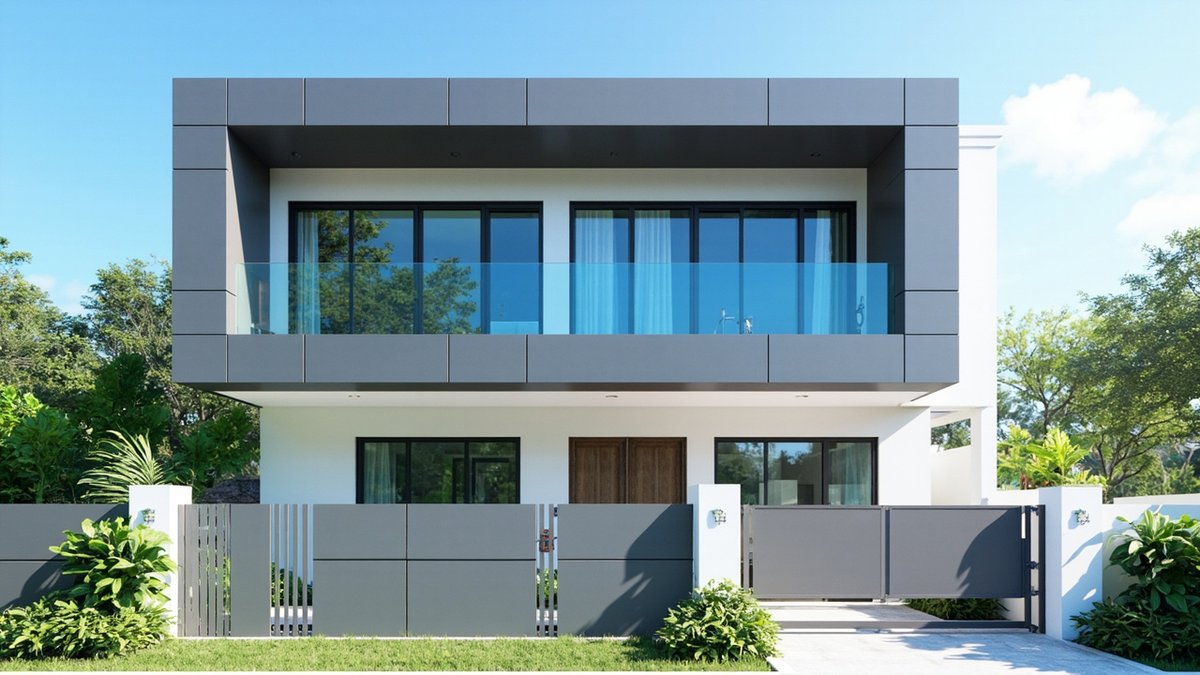 Illustrative concept design: white double-storey house with a charcoal-grey panelled frame around the upper floor, a glass balcony and grey panel front walls