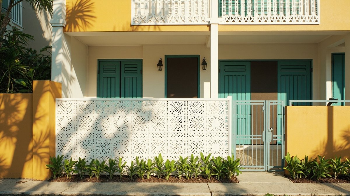 Illustrative concept design: yellow and cream terrace front with a white patterned breeze-block screen wall, teal shutters and a decorative balcony railing