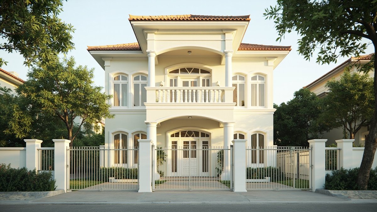 Illustrative concept design: cream double-storey house with white columns, arched windows, a balustraded balcony and a terracotta tile roof