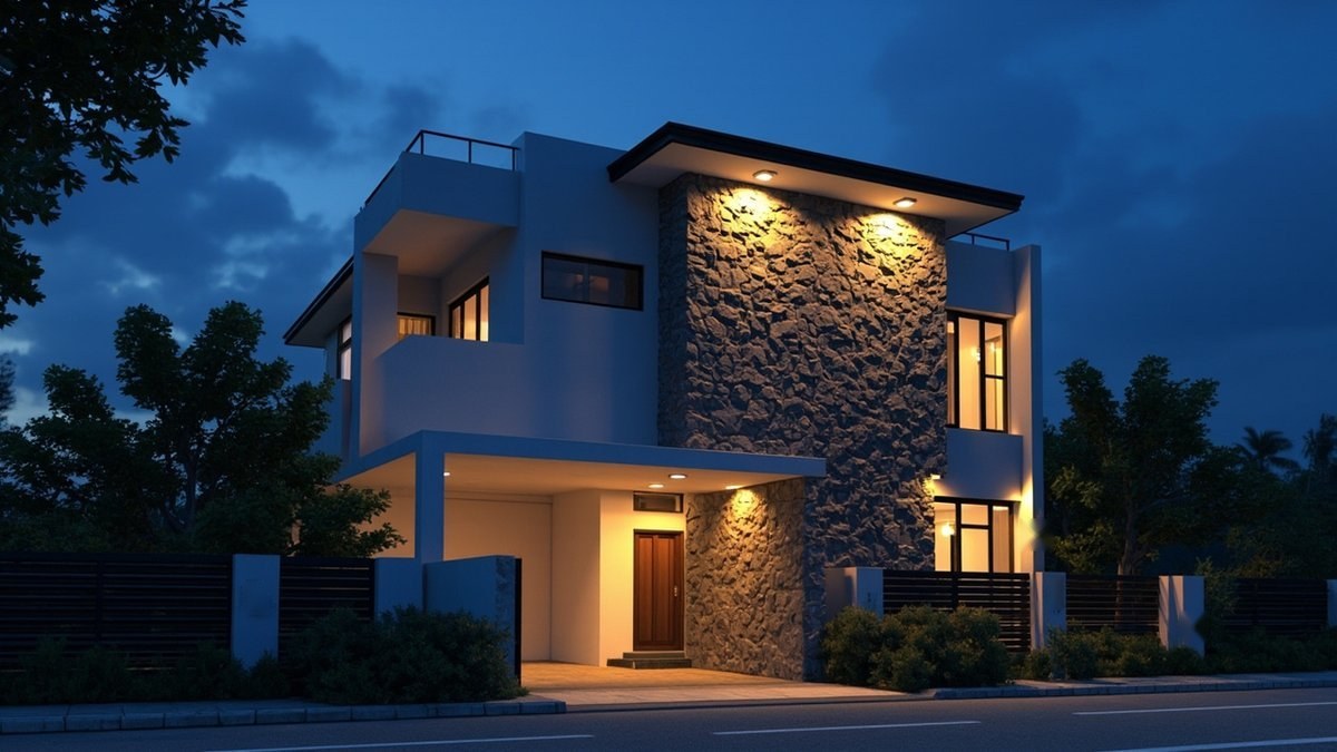 Illustrative concept design: white double-storey house at dusk with downlights grazing a full-height rough stone wall and a lit porch