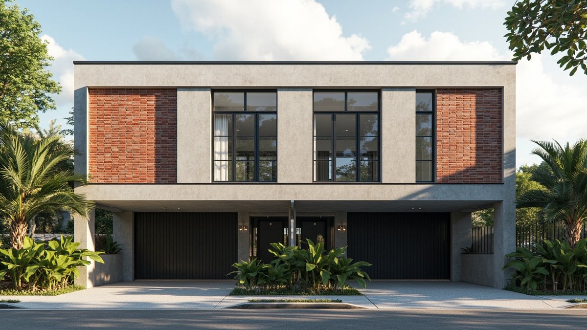 Illustrative concept design: concrete-grey double-storey front with two red brick panels beside tall black grid windows and black doors below