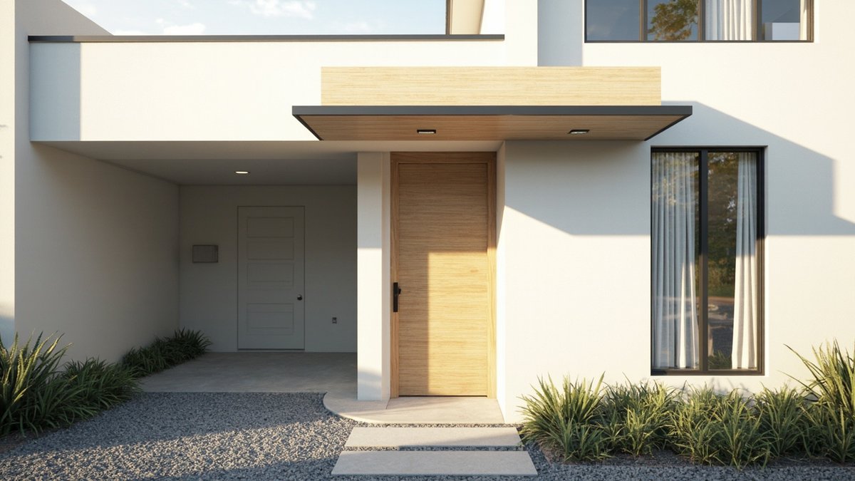Illustrative concept design: white house entrance with a light timber-look front door, a timber-faced canopy and a tall black-framed window
