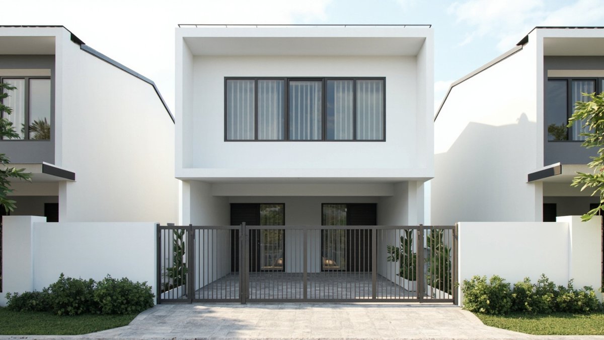 Illustrative concept design: white double-storey terrace house with a box-framed upper floor, one long black-framed window and a dark grey bar gate