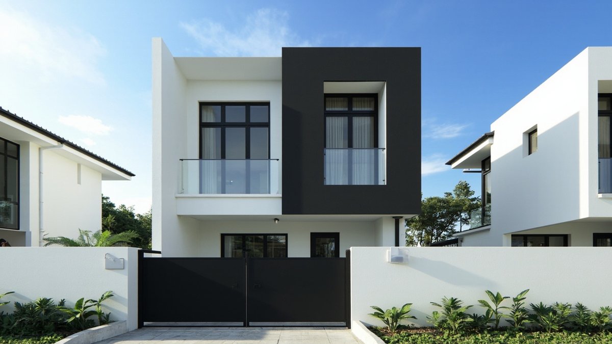 Illustrative concept design: white double-storey house with a black box framing one upper window, black window frames and a black gate