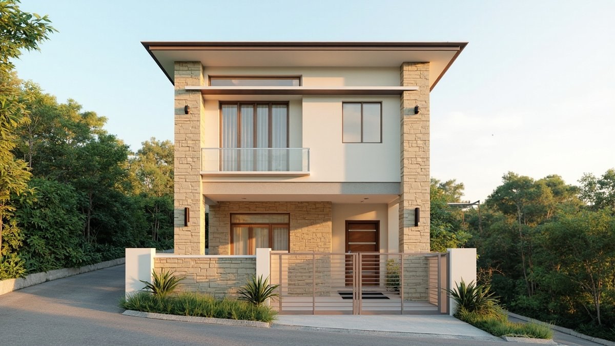 Illustrative concept design: cream double-storey house with full-height natural stone columns, a stone-clad ground floor and front wall, and timber-framed windows