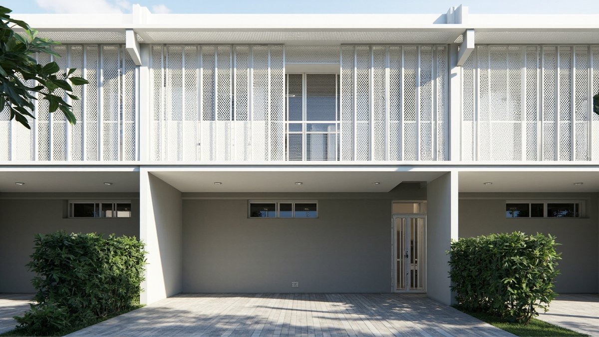Illustrative concept design: white terrace row with upper floors screened by white perforated metal panels above a grey ground floor
