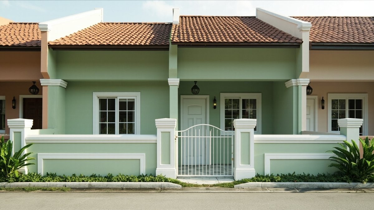 Illustrative concept design: single-storey terrace house painted sage green with white trims and pillars, white-framed windows and a small white gate