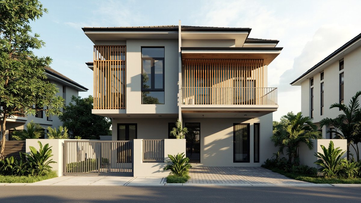 Illustrative concept design: light grey double-storey semi-D with vertical timber-look slats over a side window and the upper balcony