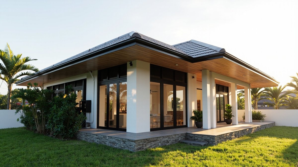 Illustrative concept design: single-storey white bungalow with a deep timber-look eave, white columns, black-framed glass doors and a stone-faced veranda