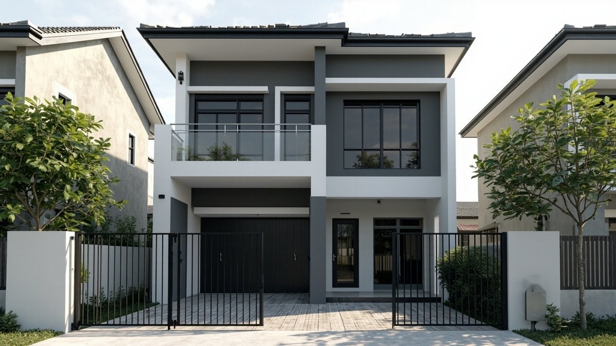 Illustrative concept design: double-storey terrace house in slate grey and white with black-framed windows, a glass balcony and black bar gates