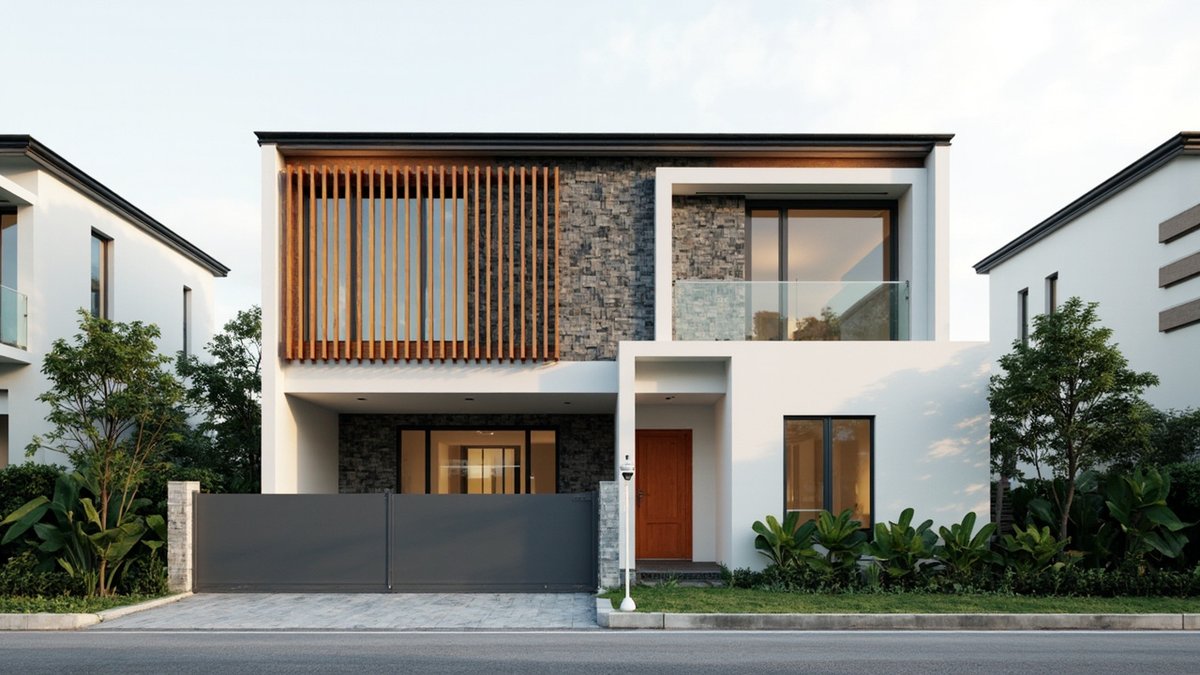Illustrative concept design: double-storey house front with vertical timber-look slats, a grey stone-clad upper wall, white render and a closed dark grey gate