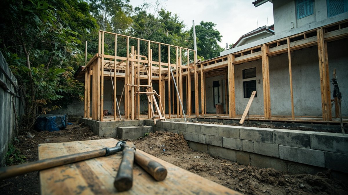 加影排屋后院正在搭建扩建结构,天空多云光线柔和