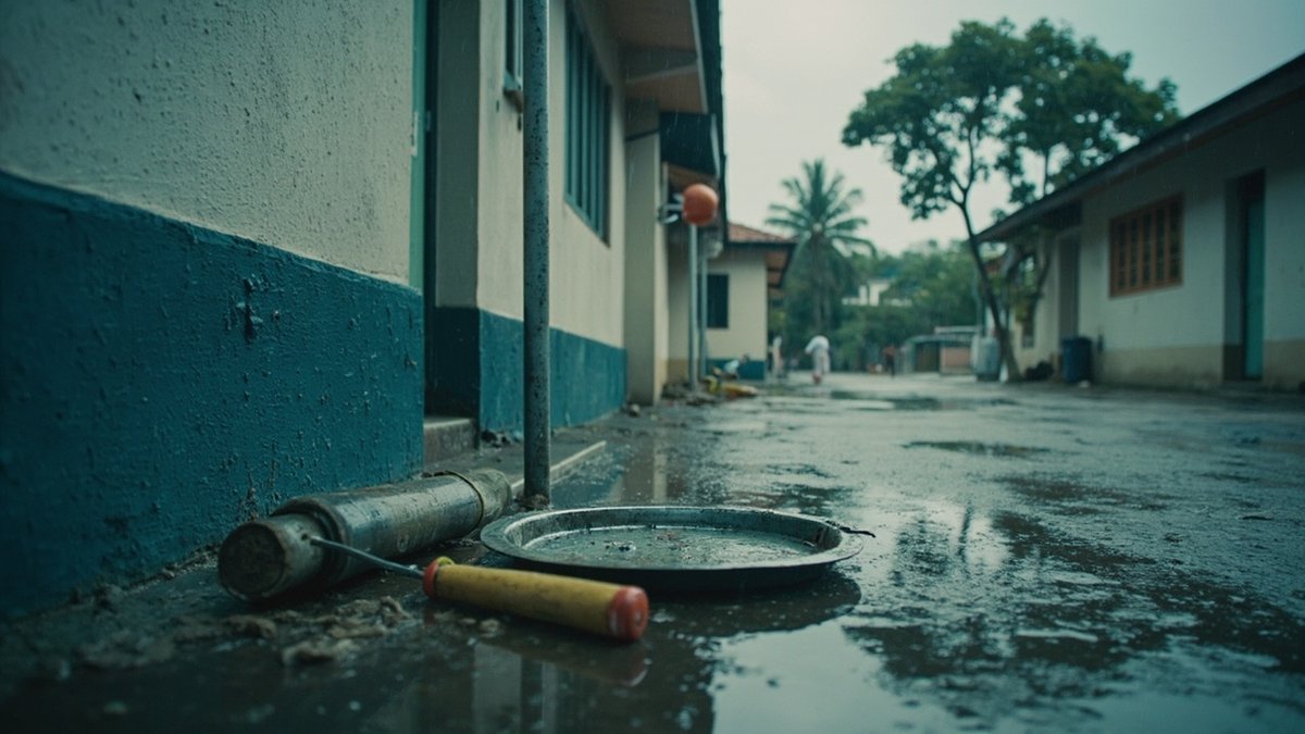 雨天湿漉漉的街道旁，奶油色与蓝绿色墙面前的地上有一把黄柄工具和圆形托盘，Old Klang Road