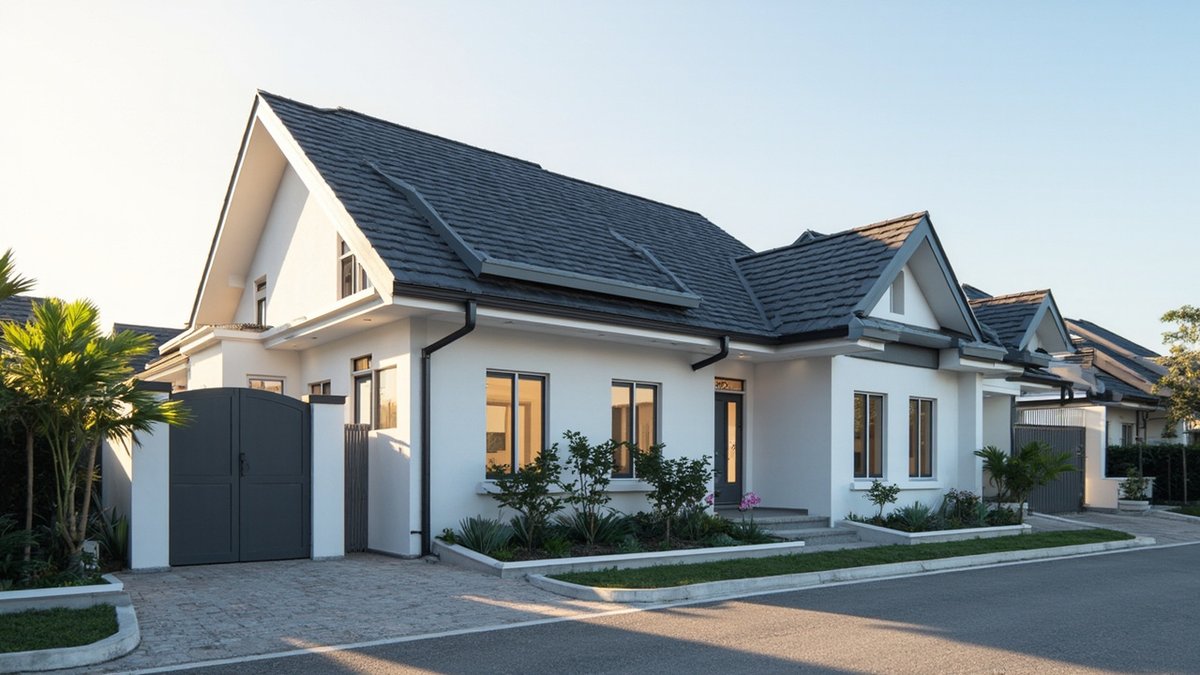 Ilustrasi konsep reka bentuk: rumah putih berbumbung genting konkrit hitam arang dengan gable di depan, gutter gelap dan pagar kelabu tertutup