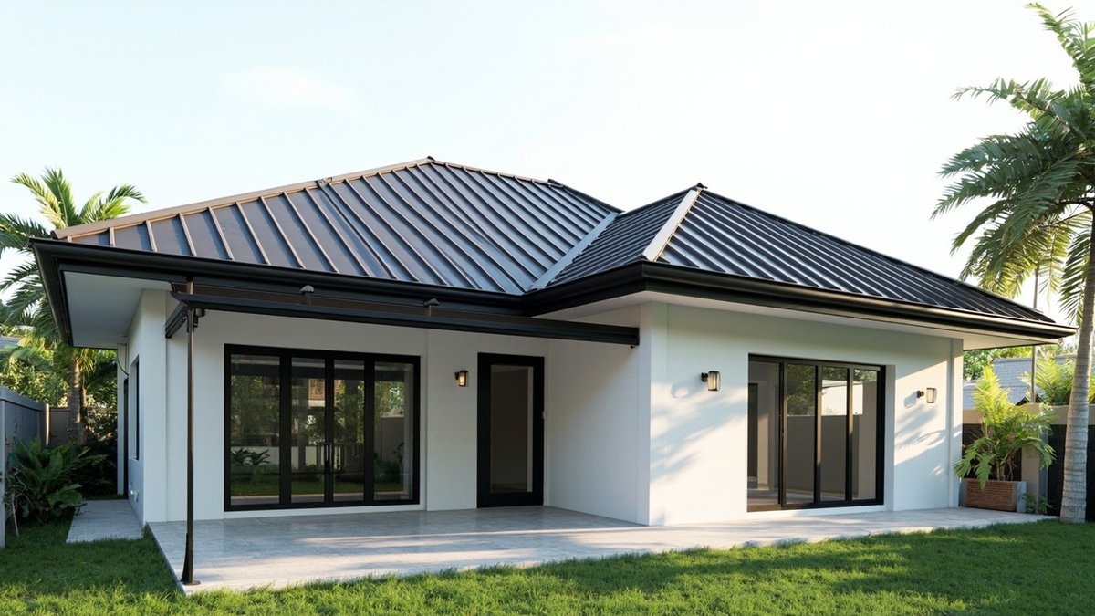 Ilustrasi konsep reka bentuk: rumah putih setingkat berbumbung limas metal standing seam gelap dengan pintu kaca berbingkai hitam