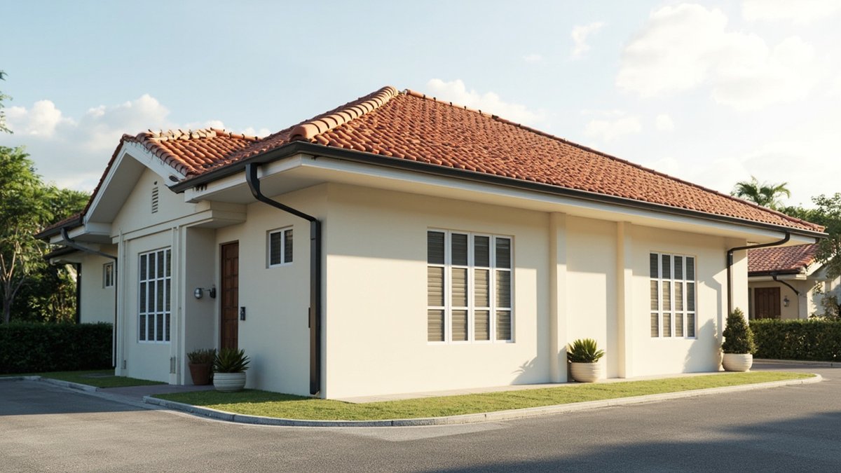 Ilustrasi konsep reka bentuk: rumah setingkat berbumbung genting tanah liat terracotta dengan gable kecil, gutter gelap dan dinding krim