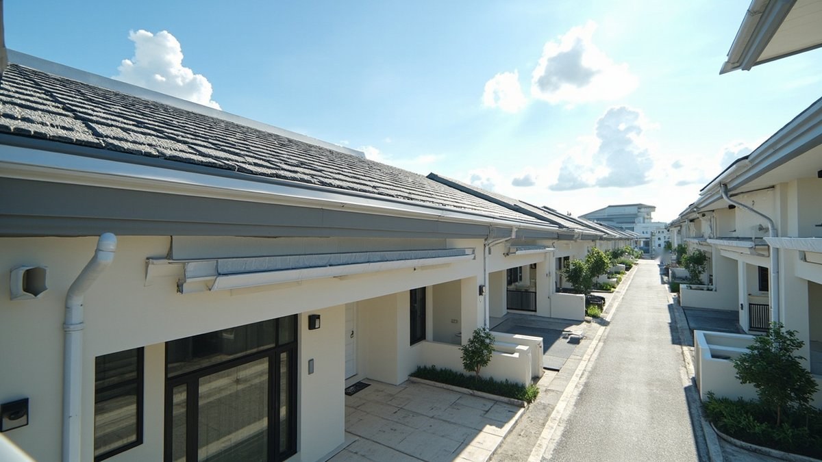 Illustrative concept design: elevated view along a row of single-storey terrace houses with grey concrete tile roofs, gutters and downpipes on a sunny day