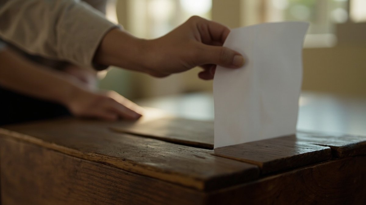 A hand dropping a folded ballot into a box while a JMB committee is elected