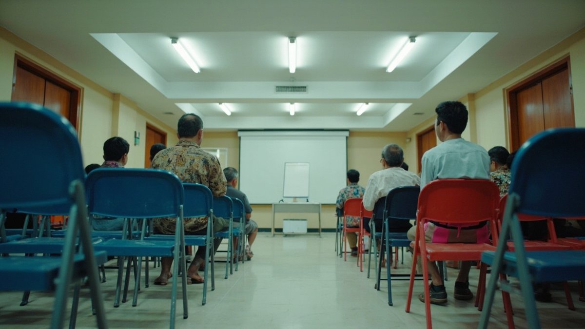 Attendees seated on blue and red folding chairs facing a blank projector screen in a meeting hall